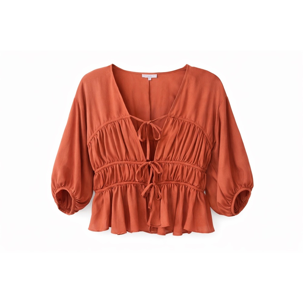 Current Air Rust Boho ie Front Peplum Blouse M Balloon Sleeve Babydoll Top